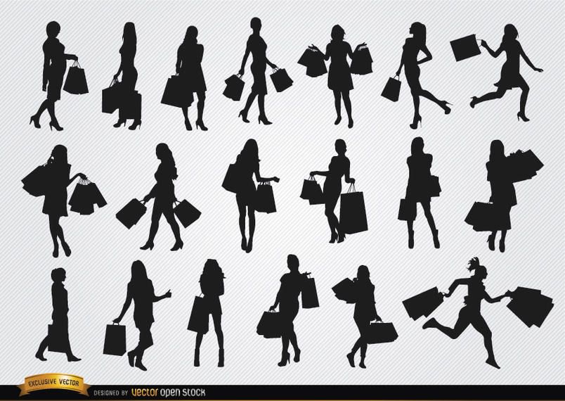 Meninas, com, bolsas para compras, silhuetas Meninas, com, bolsas para compras, silhuetas