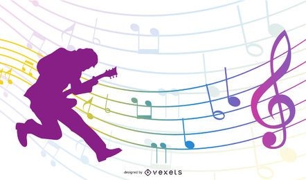 Silhouette Guitarist with Colorful Musical Notes
