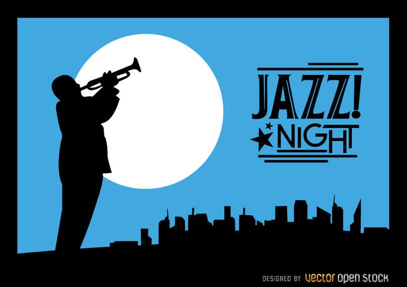 Jazz trumpeter silhouette city night skyline Jazz trumpeter silhouette city night skyline