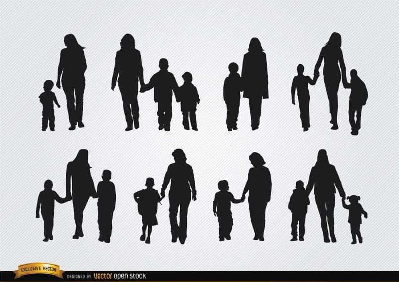 Mothers Walking With Sons Silhouettes - Vector Download