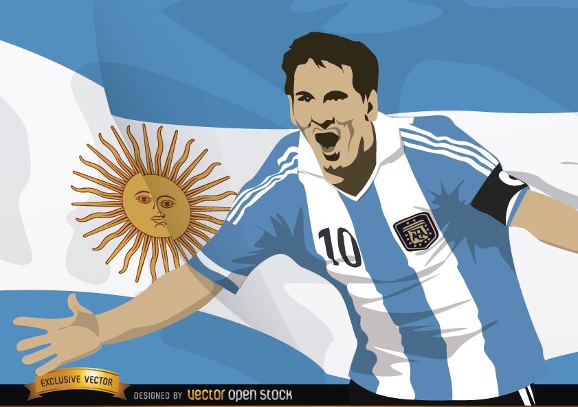 Jogador de futebol Messi com bandeira da Argentina