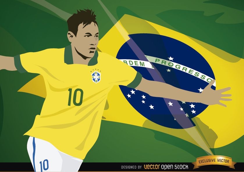 Jogador de futebol Neymar com bandeira do Brasil