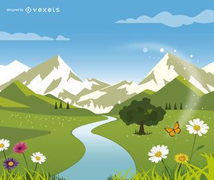 Paisagem de natureza verde com colinas e rio
