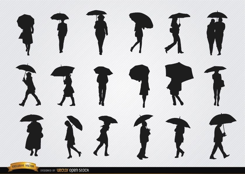 Conjunto de silhuetas de pessoas caminhando com guarda-chuva