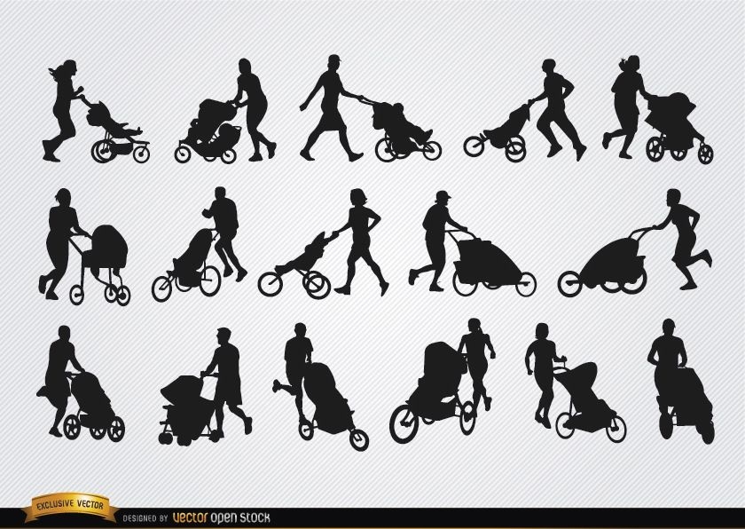 Parents with baby carriage silhouettes 