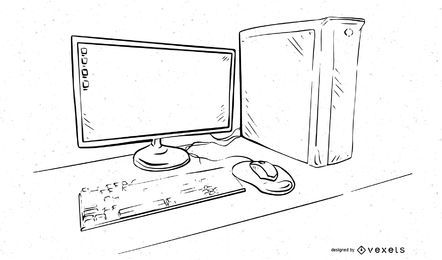 Umrissener Schwarz-Weiß-Desktop-PC