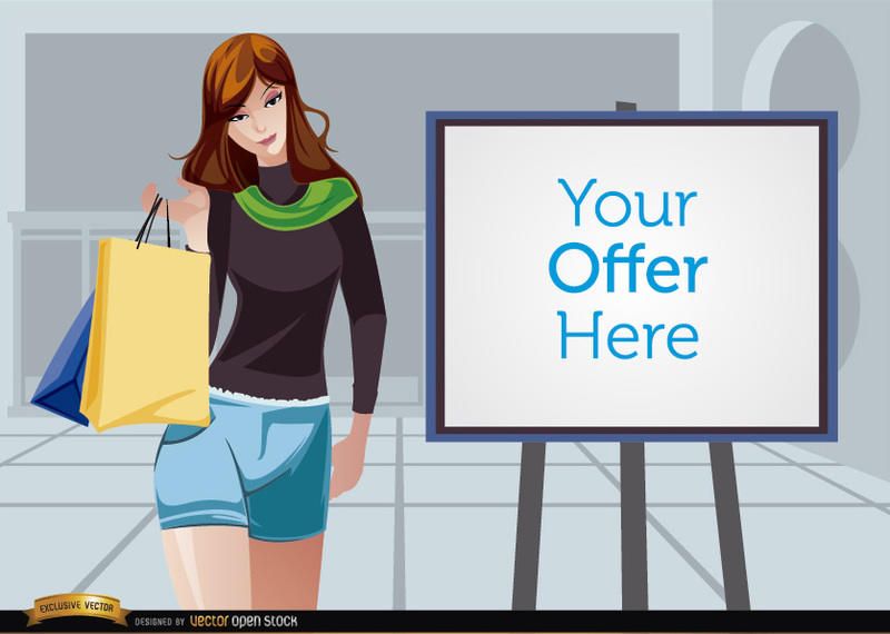 Chica de compras al lado de la pantalla de promoción Chica de compras al lado de la pantalla de promoción