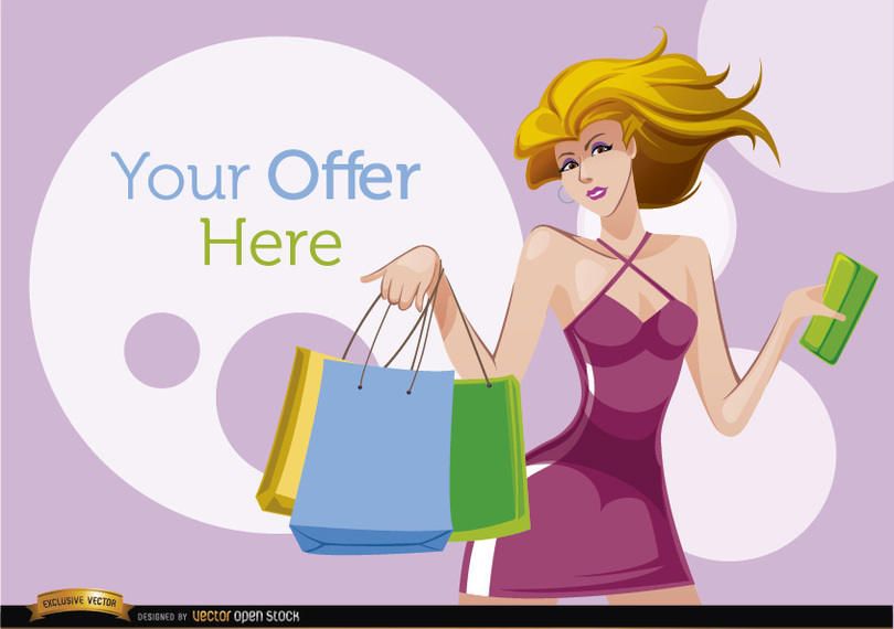 Mulher dos desenhos animados de compras com círculos de oferta Mulher dos desenhos animados de compras com círculos de oferta