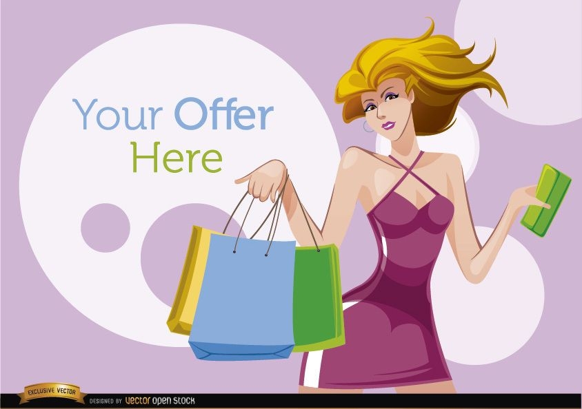 Shopping cartoon woman with offer circles