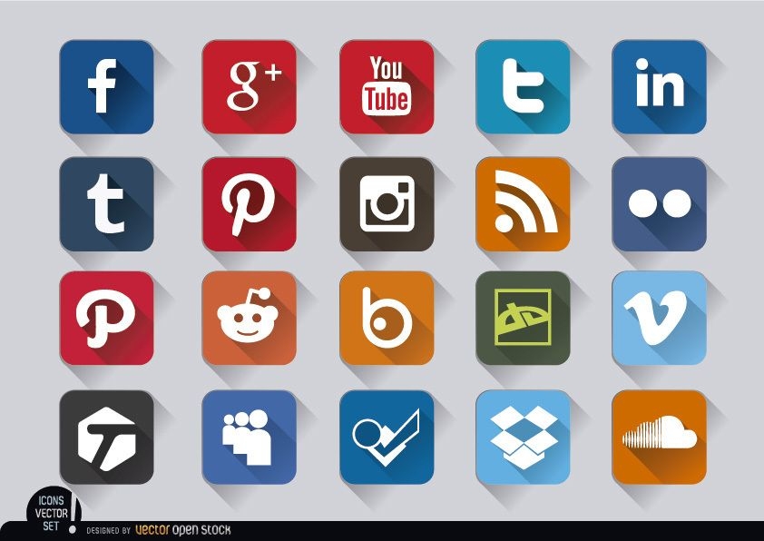 Conjunto de ícones em relevo quadrados de mídia social