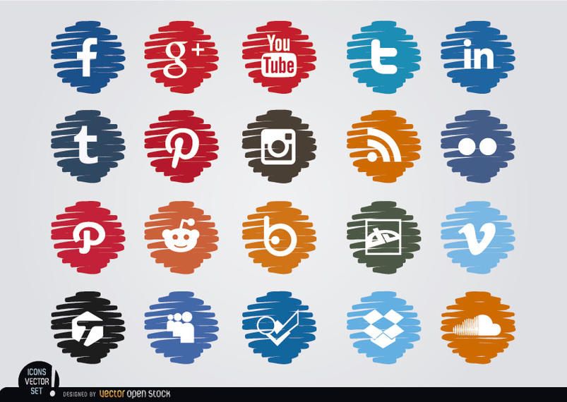 Conjunto de ícones de círculos distorcidos nas redes sociais Conjunto de ícones de círculos distorcidos nas redes sociais
