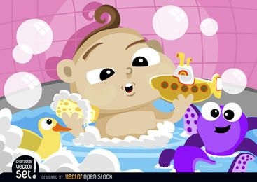 Bebê de desenho animado tomando banho com brinquedos