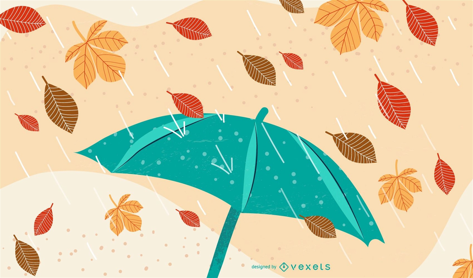 Folhas de outono desenhadas ? m?o funky com chuva