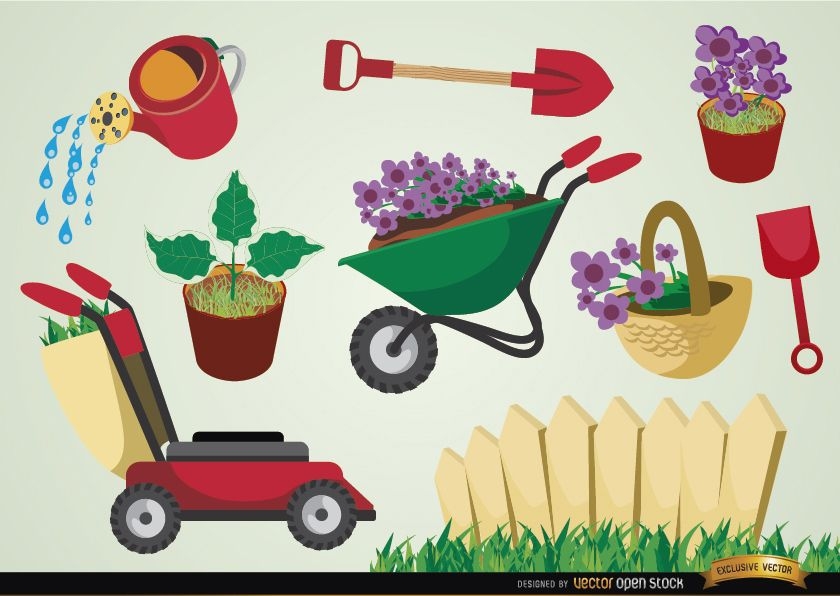 Conjunto de herramientas y plantas de jardinería.
