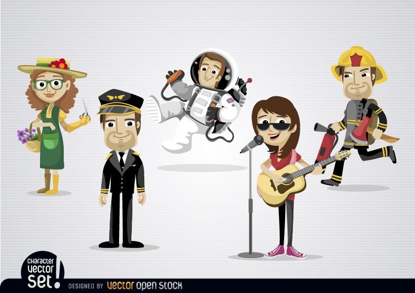 Personagens de desenhos animados com diferentes profissões