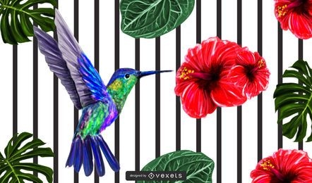 Spring Flower Background with Lines and Bird