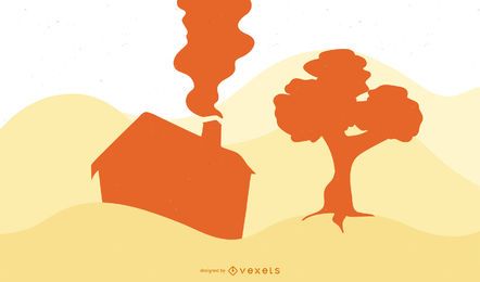 House & Oak Tree Silhouette Landscape