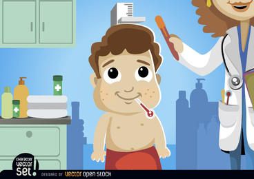 Caricatura, menino, em, exame médico Caricatura, menino, em, exame médico