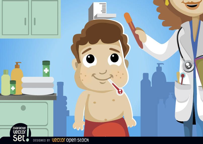 Caricatura, menino, em, exame médico Caricatura, menino, em, exame médico