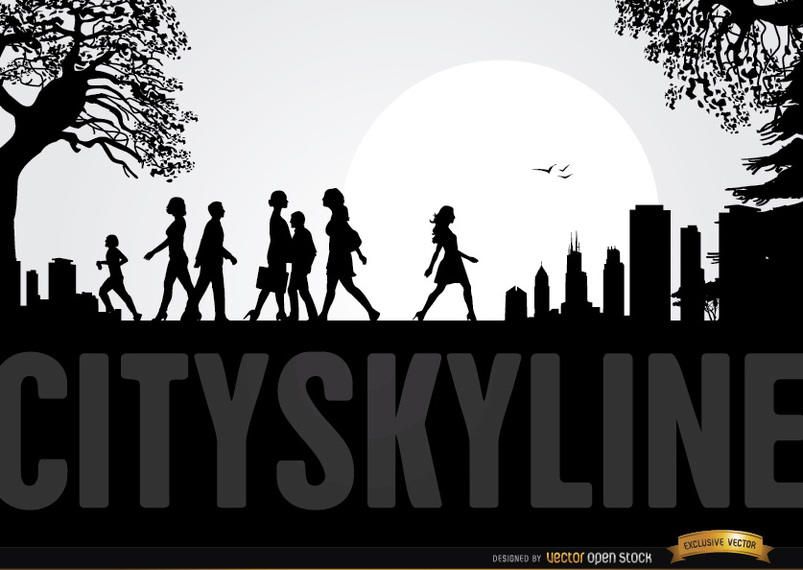 City Skyline with People Walking City Skyline with People Walking