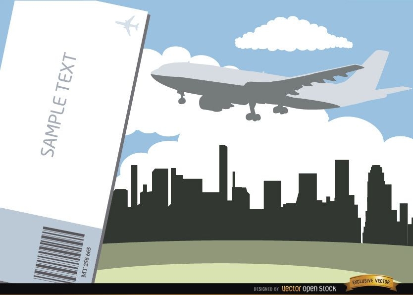 Airplane flying city skyline and ticket