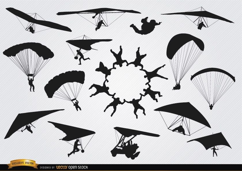 Parachutes and paragliders skydiving silhouettes
