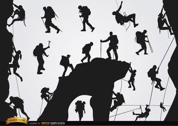 Conjunto de silhuetas de alpinismo