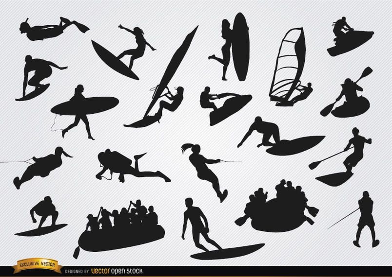 On Water sports silhouettes set On Water sports silhouettes set