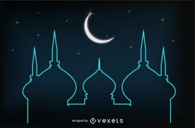 Tarjeta Eid resplandeciente con mezquita y luna Tarjeta Eid resplandeciente con mezquita y luna