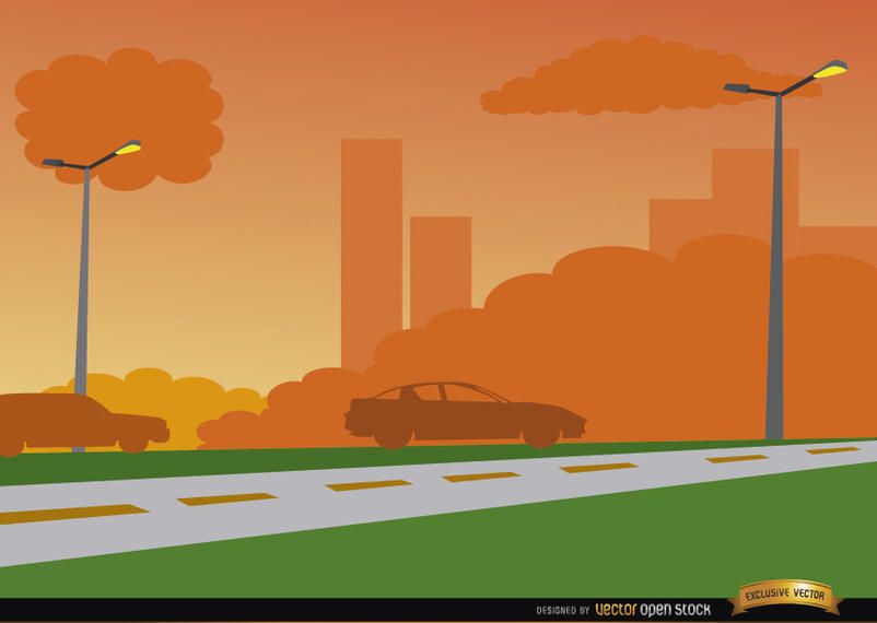 Atardecer naranja sobre fondo de carretera de la ciudad Atardecer naranja sobre fondo de carretera de la ciudad