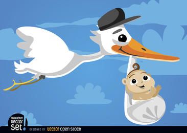 Cigüeña de dibujos animados con bebé en el cielo