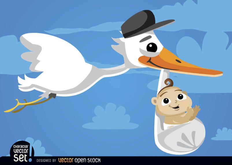 Tragendes Baby des Karikatur-Storchs am Himmel Tragendes Baby des Karikatur-Storchs am Himmel
