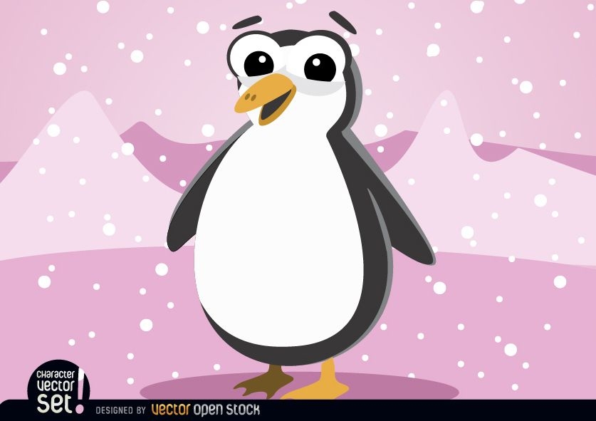 Pingüino de dibujos animados en la Antártida nevando