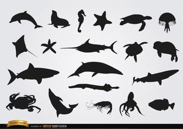 Sea animals silhouettes set
