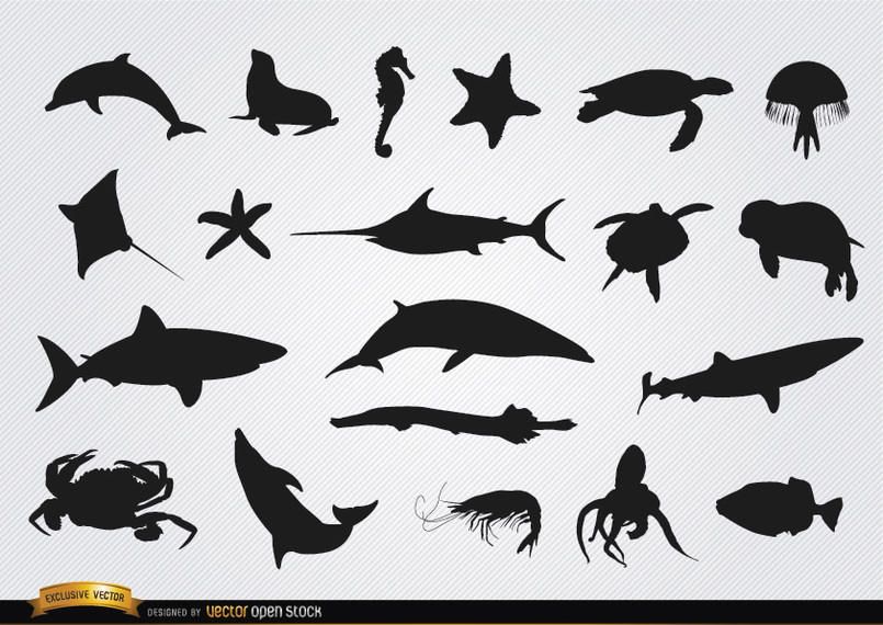 Conjunto de siluetas de animales marinos. Conjunto de siluetas de animales marinos.