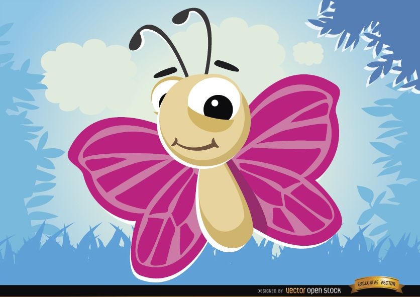 Insecto volador de mariposa de dibujos animados en el bosque