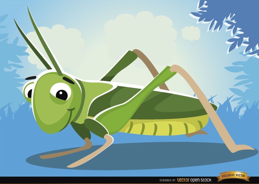 Insecto saltamontes de dibujos animados sobre hierba