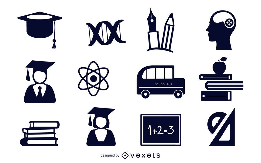 Conjunto de iconos planos educativos en blanco y negro Conjunto de iconos planos educativos en blanco y negro