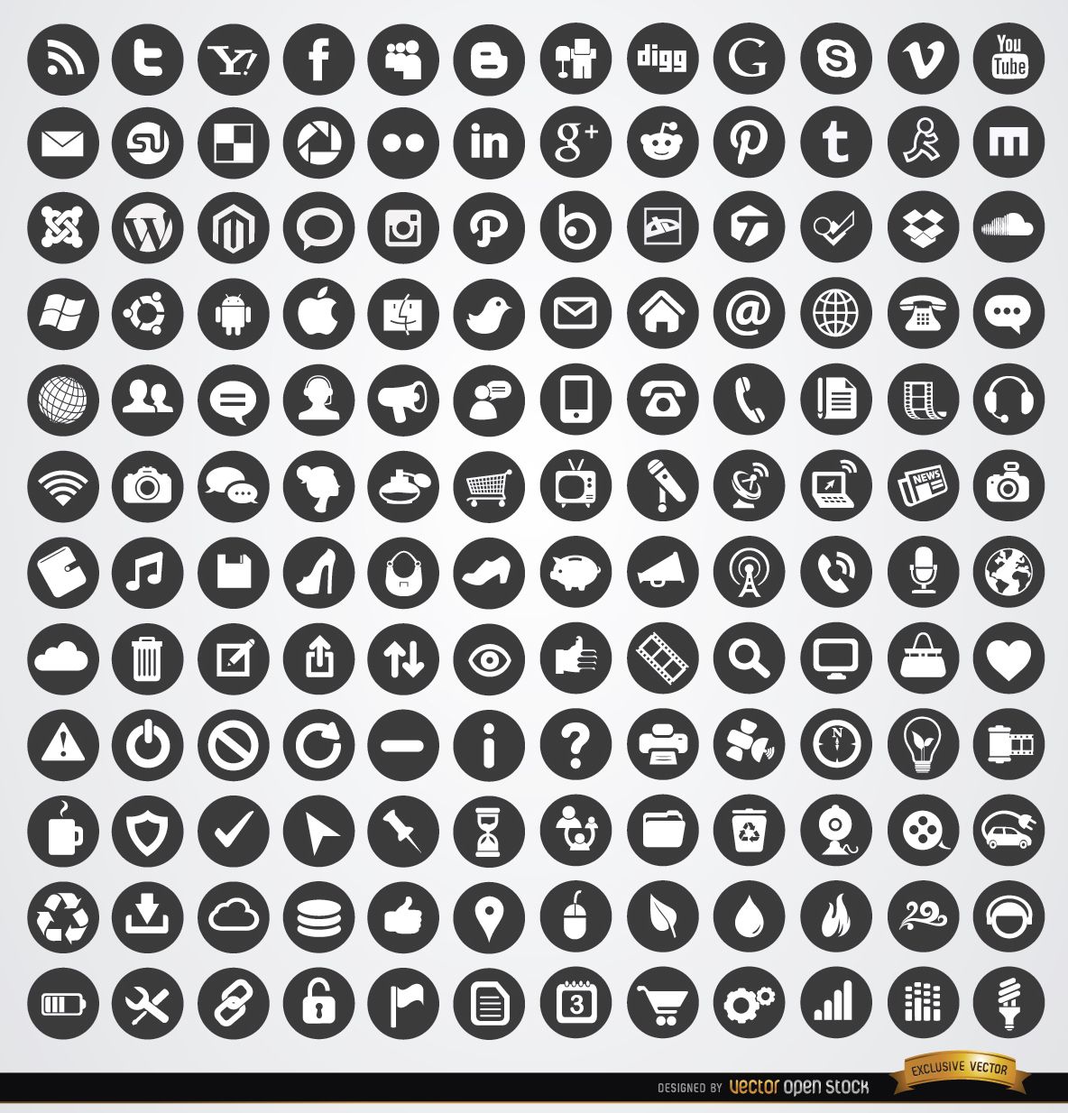 Multimedia social web circle icons set