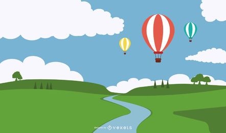 Ilustração de balões de ar quente acima do rio