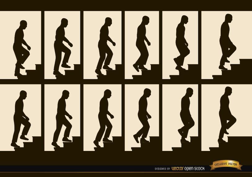 Homem, escalando, escadas, quadros seqüência, silhuetas Homem, escalando, escadas, quadros seqüência, silhuetas