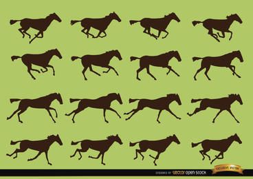 Silhuetas de seqüência de movimento galopante de cavalo Silhuetas de seqüência de movimento galopante de cavalo