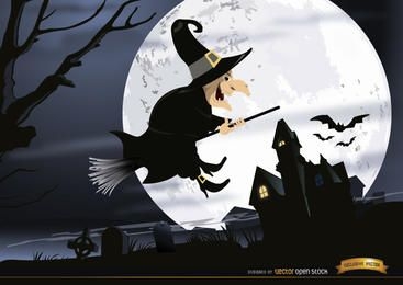 Fondo de pantalla de noche de cementerio volador de bruja de Halloween