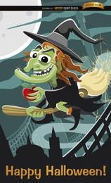 Evil witch flying Halloween poster