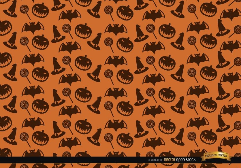 Halloween texture hat candy bats and creepy pumpkin background