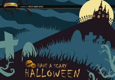 Scary Halloween poster with graveyard & hunted house