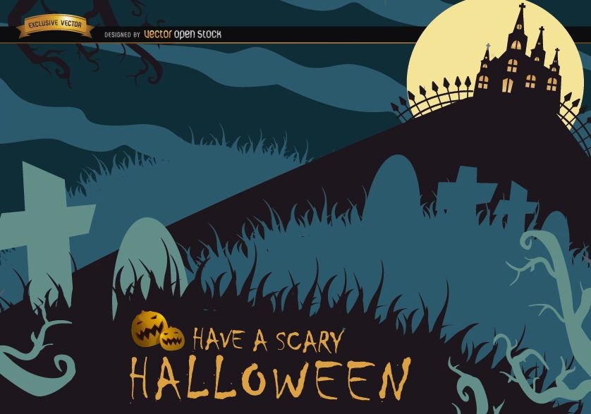 Aterrador cartel de Halloween con cementerio y casa perseguida
