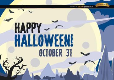Hunted Halloween bats flying over moon