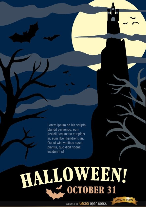 Halloween Night Party Poster with Hunted House & Dead Trees
