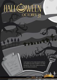 Cemitério de noite de Halloween assustador e fundo de árvores tortas